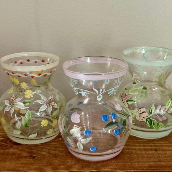 Other - Set of 3 Vintage Hand Painted Glass Bud Vases – Floral Cottagecore 5”